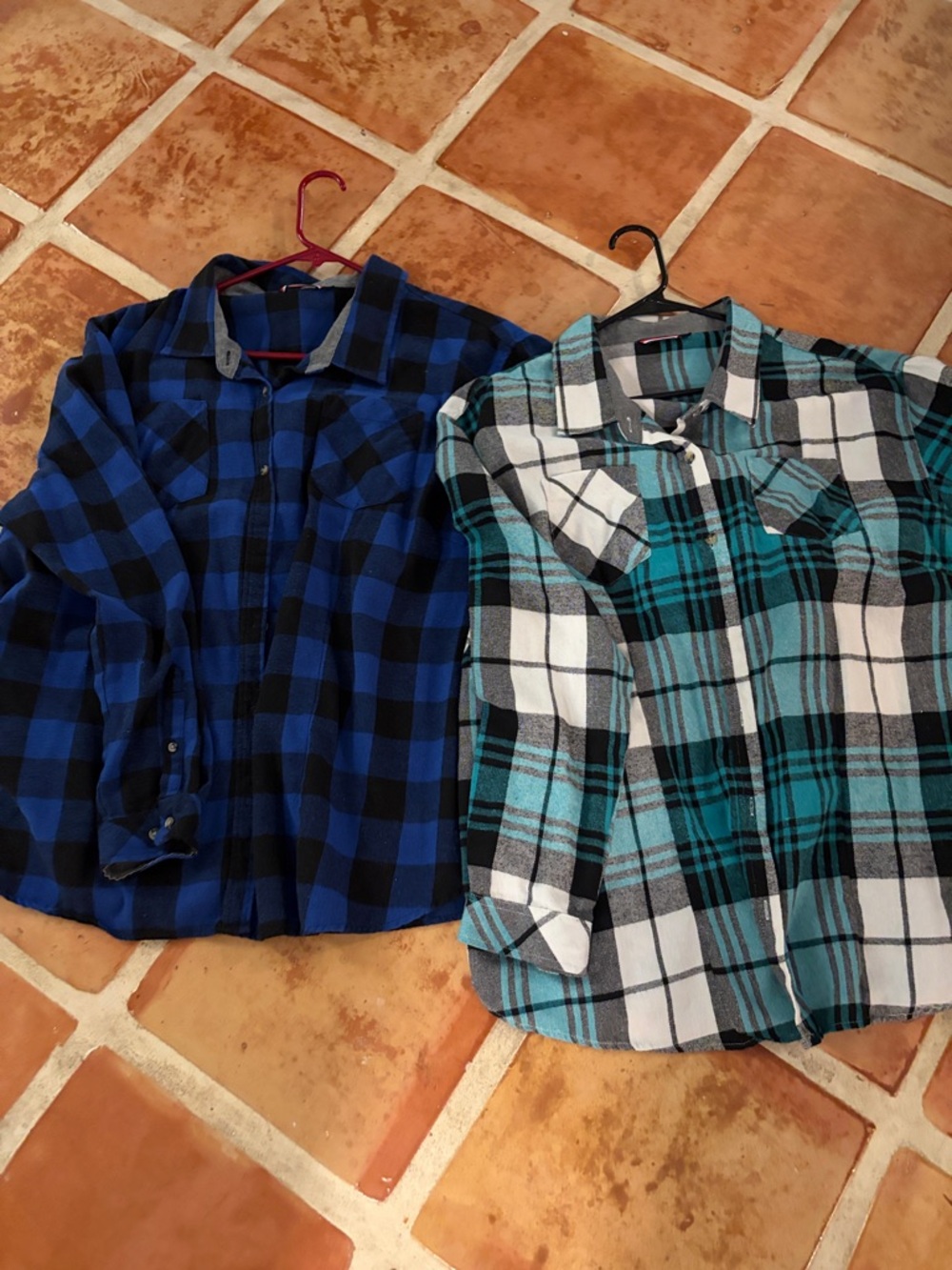 Amazon Women’s Blue and Teal Plaid Button-Down Shirts - Set of 2